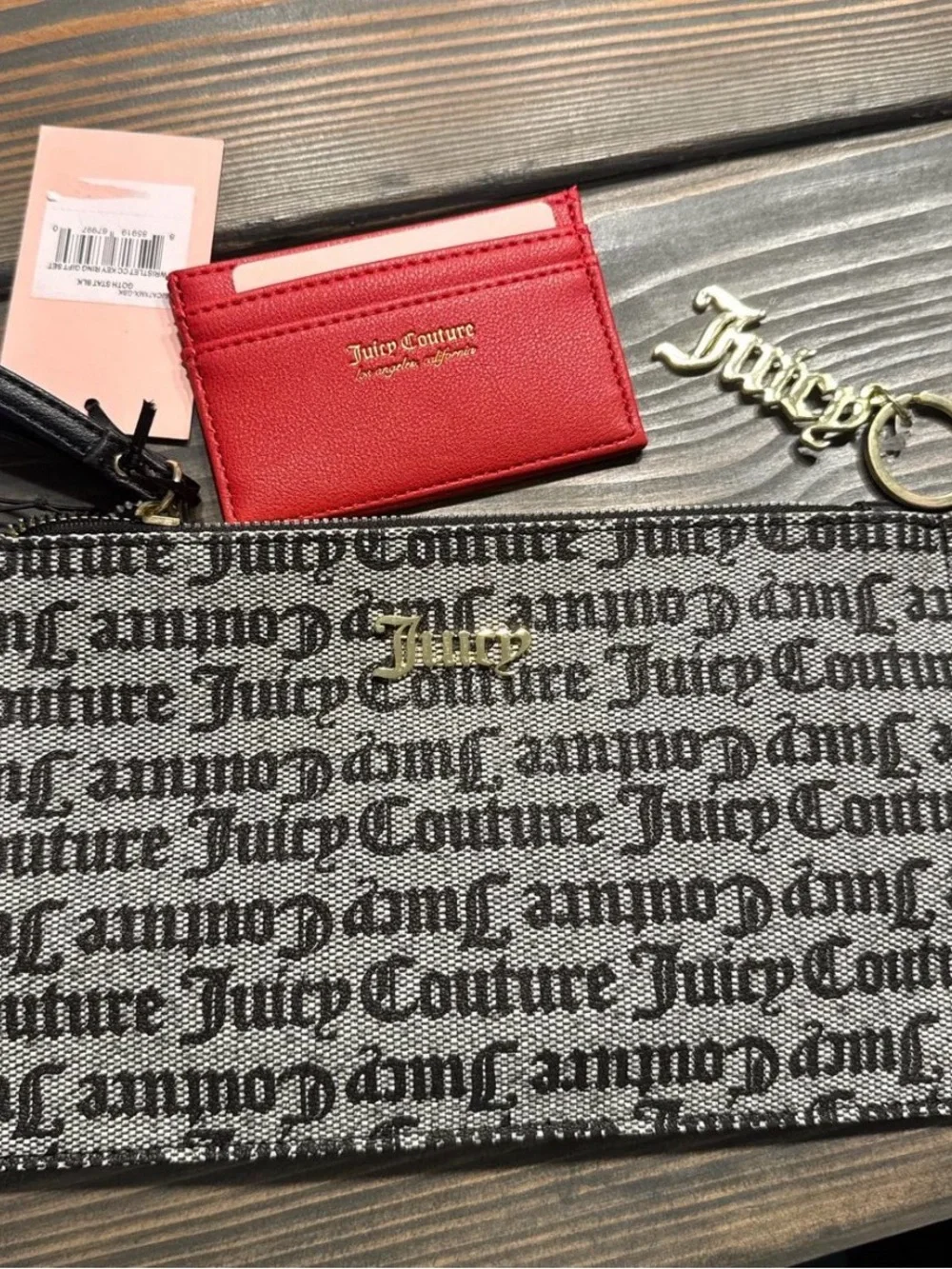 Juicy Couture gold keychain, Red Card Holder & Black/Gray Logo Zip Clutch